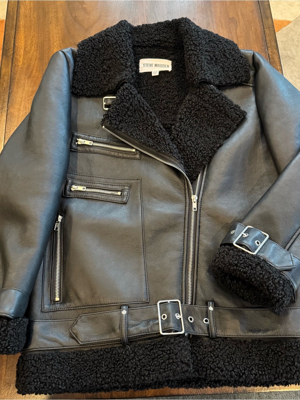 Steve Madden Black Faux Leather Sherpa Biker Jacket with Buckles